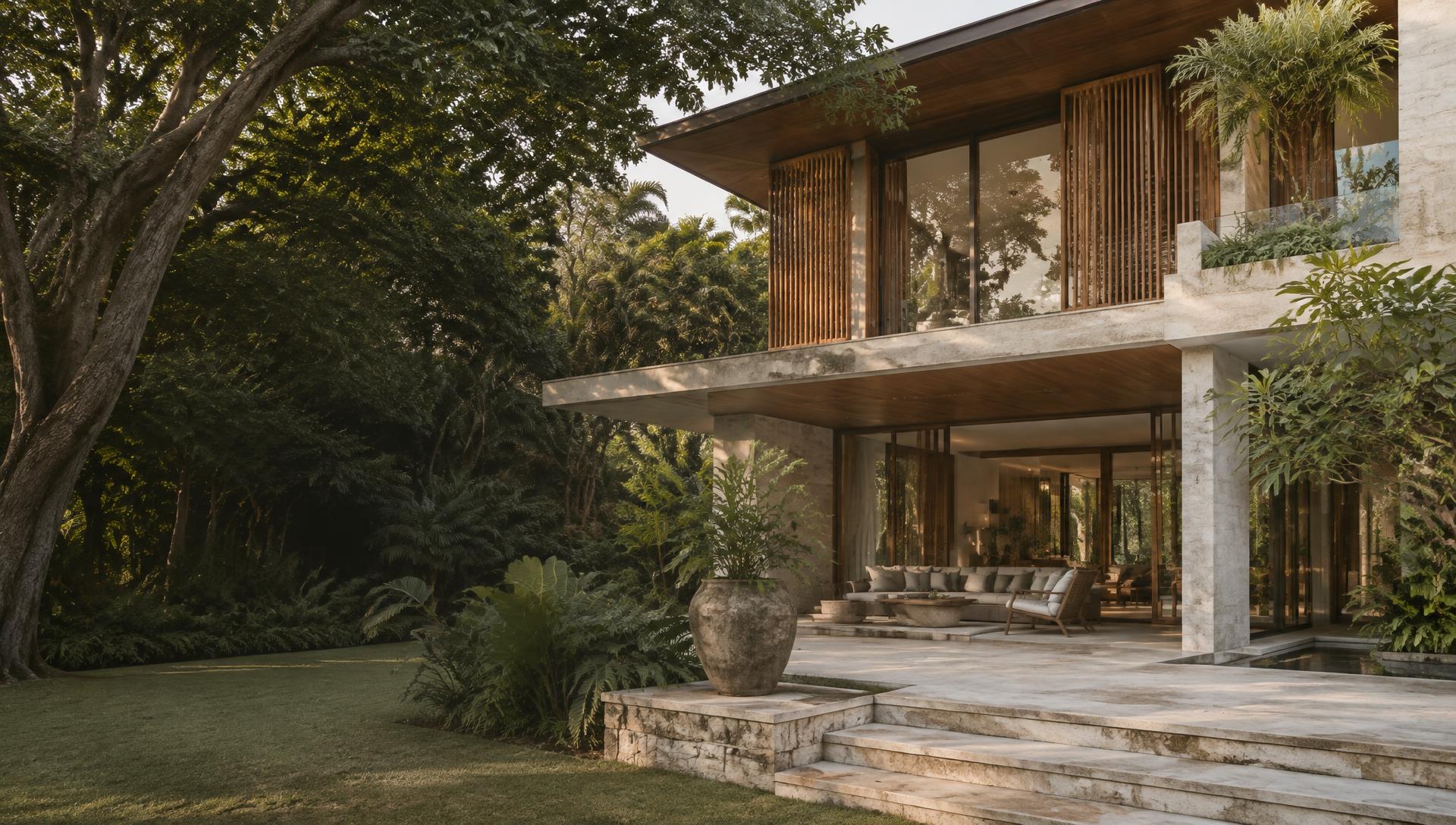 Contemporary tropical residence with timber screens and landscaped spaces — architectural illustration
